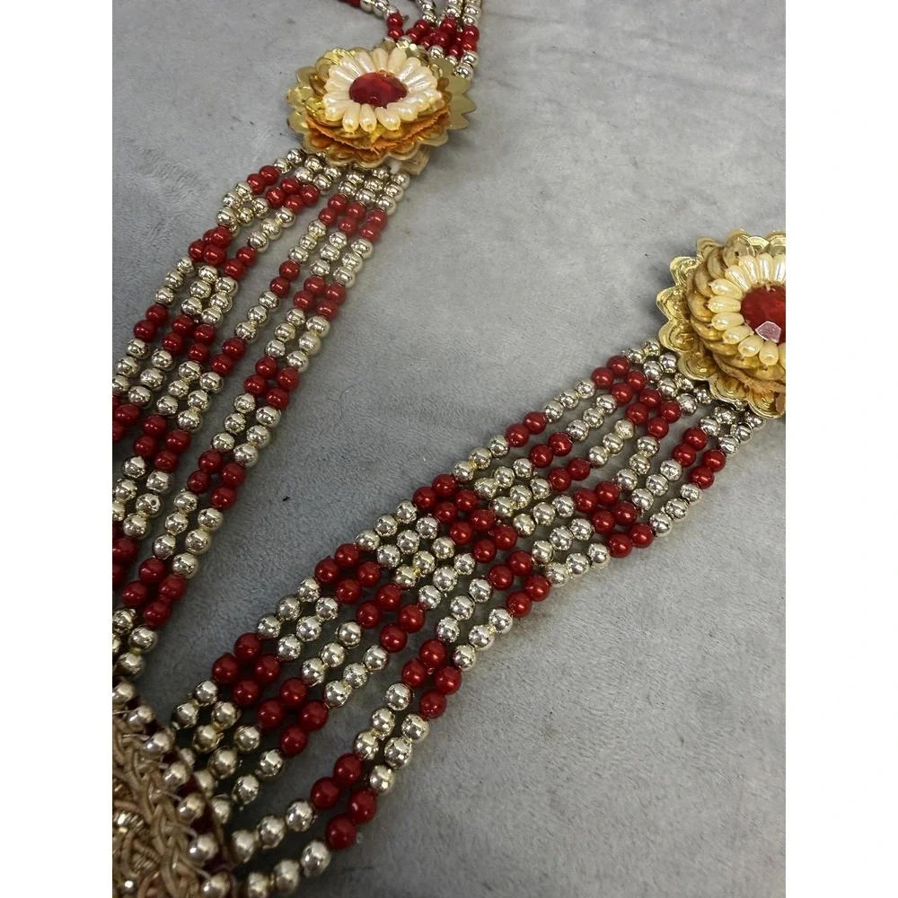 Statement Beaded Necklace Set 2PC Gold Tone Red Indian‎ Bridal Tassel Pendants